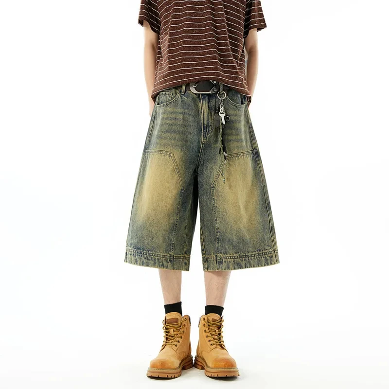 

Men's Baggy Denim Shorts American Retro Washed Yellowish Brown Wide Leg Knee Length High Quality Casual All Match
