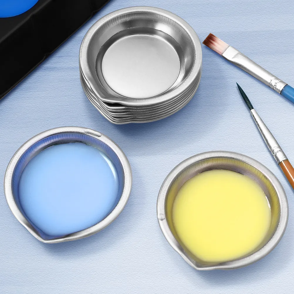 10Pcs Paint Palette Tray Set Mini Round Stainless Steel Pallets for Oil Painting Watercolors Craft Mixing Art Supplies