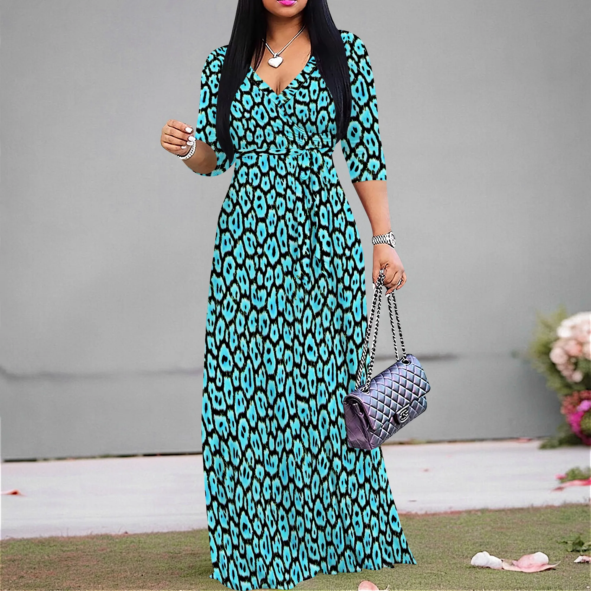 

Blue Leopard Print Maxi Dress for African American Women S-2XL Night Out Clubwear or Street Style