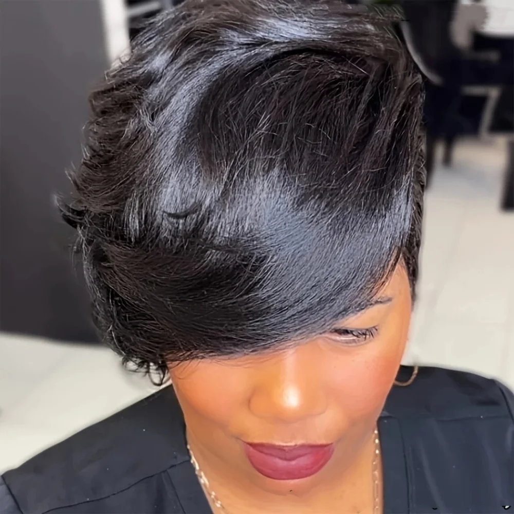 짧은 픽시컷 곱슬머리 밥머리 인모 기계식 가발 (여성용 앞머리 포함)