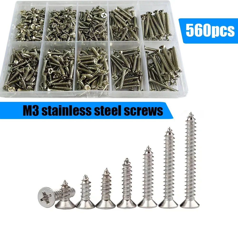 Set da 560 pezzi di viti autofilettanti M3 (6 mm, 8 mm, 10 mm, 12 mm, 14 mm), per riparazioni domestiche e installazioni, elementi di fissaggio per legno.