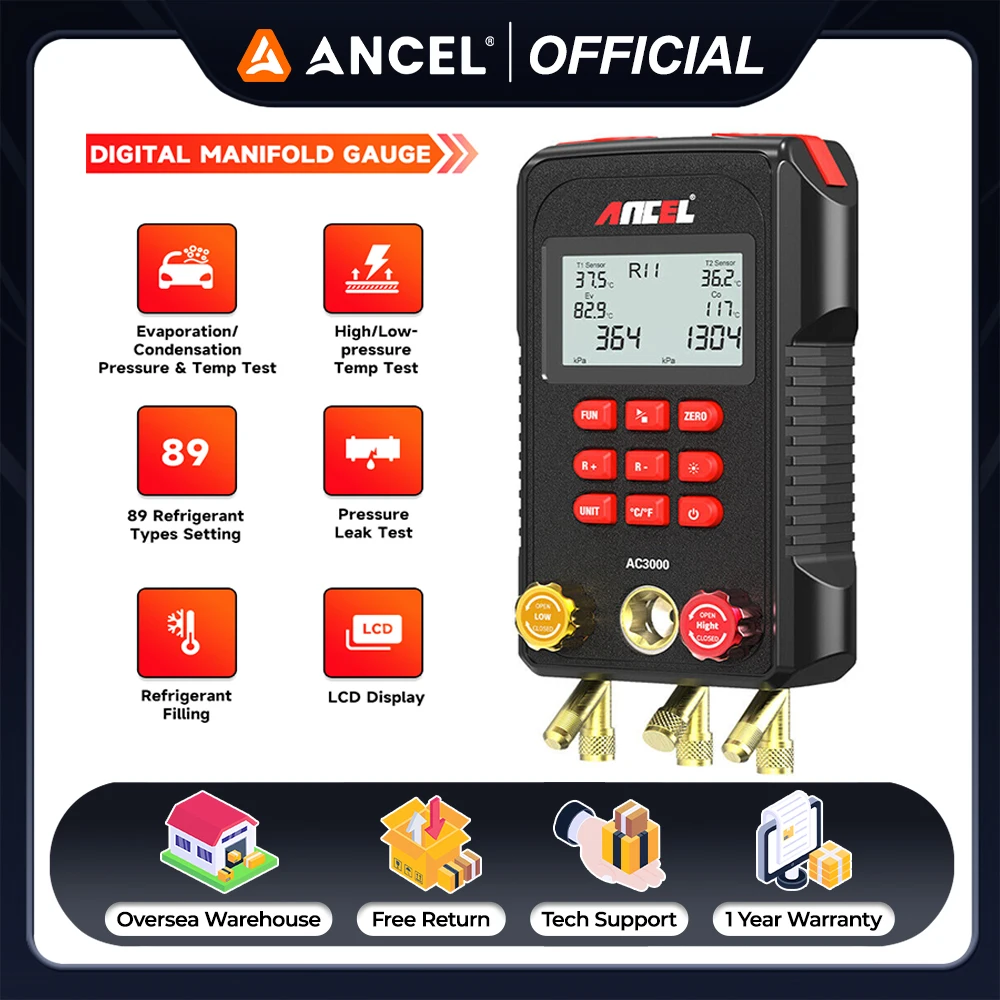 

ANCEL AC3000 Digital Display Manifold Tester Refrigerant Vacuum Pressure Gauge Air Conditioning Leak Detection Car Diagnostic