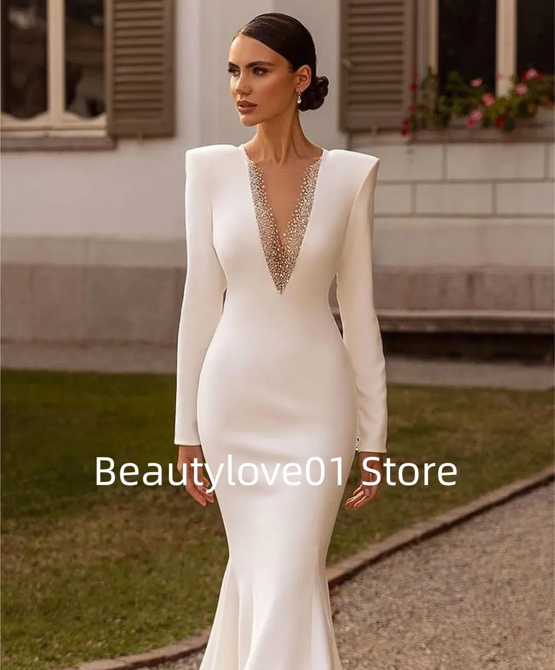 Mermaid Wedding Dress Beaded ItalianNoodleStrapOpenBack Zipper Bridal Dress Fashion Long Sleeve Prom Special Dress Customization