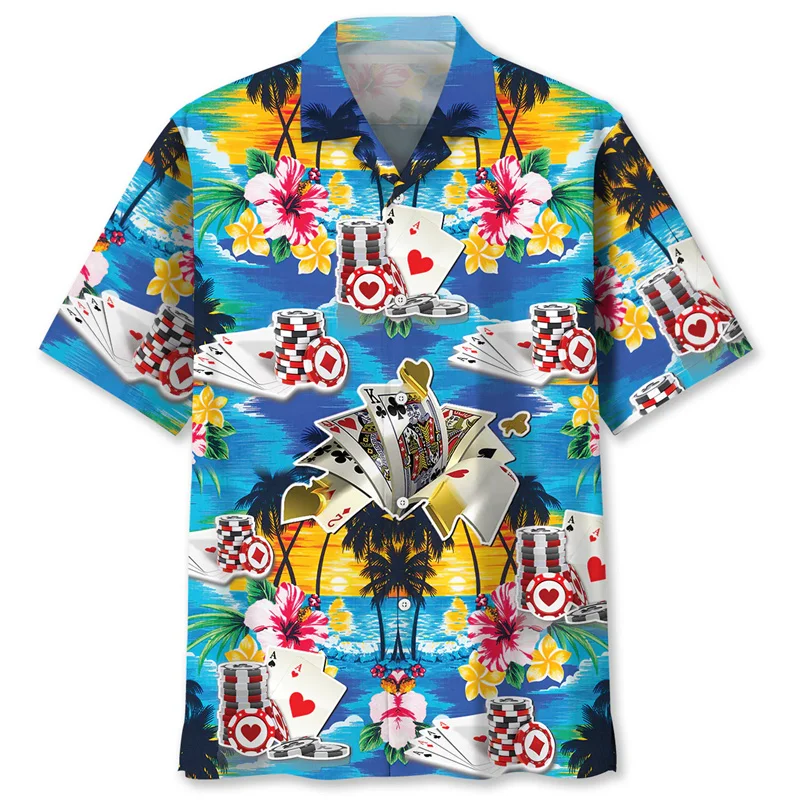 Poker Pattern Hawaiian Men's Shirt Summer 3D Printed Playing Cards Short-Sleeved Blouse Outdoor Street Fashion Top Button Shirts