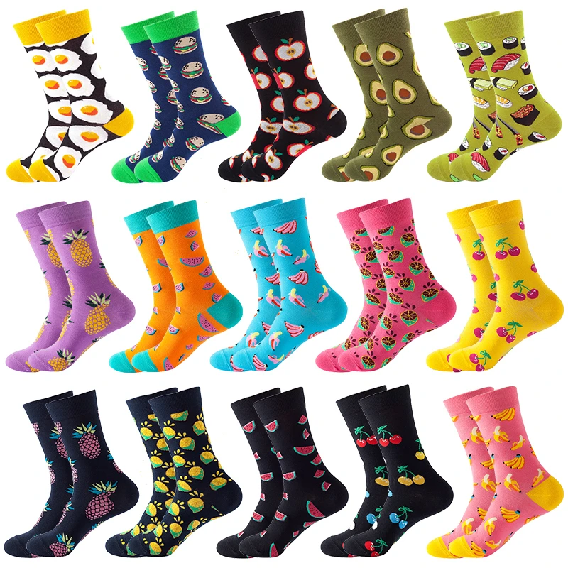 

Happy Women Men Cotton Sox Fashion Hip Hop Harajuku Funny Fruit Food Omelette Hamburger Avocado Sushi Cherry Casual Crew Socks