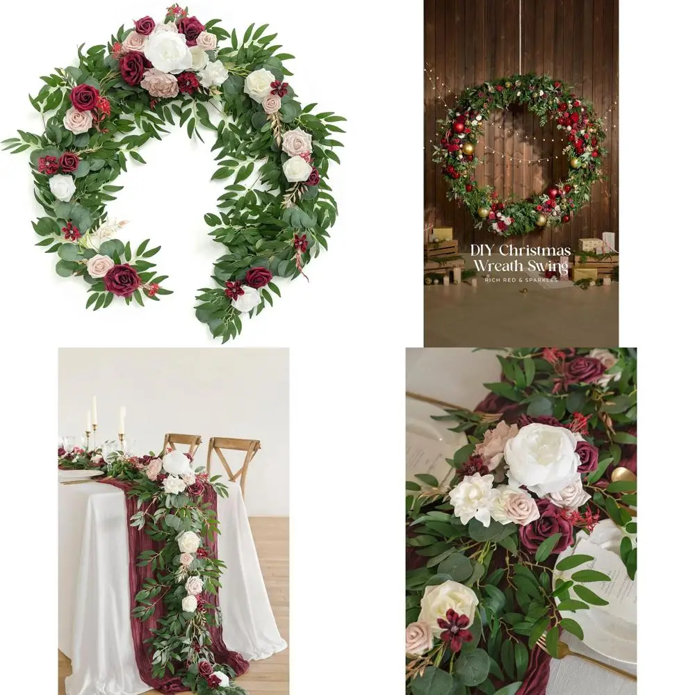 

6-Foot Eucalyptus & Rose Artificial Floral Garland for Sweetheart Table or Wedding Reception, Ideal for Thanksgiving and Christm