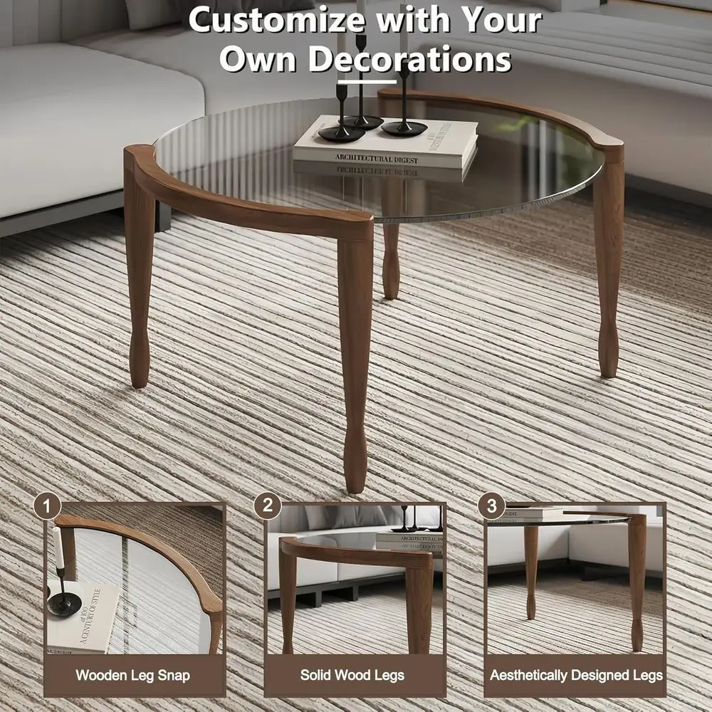 طاولة قهوة زجاجية مستديرة حديثة من منتصف القرن بأرجل خشبية، مثالية للمساحات الصغيرة