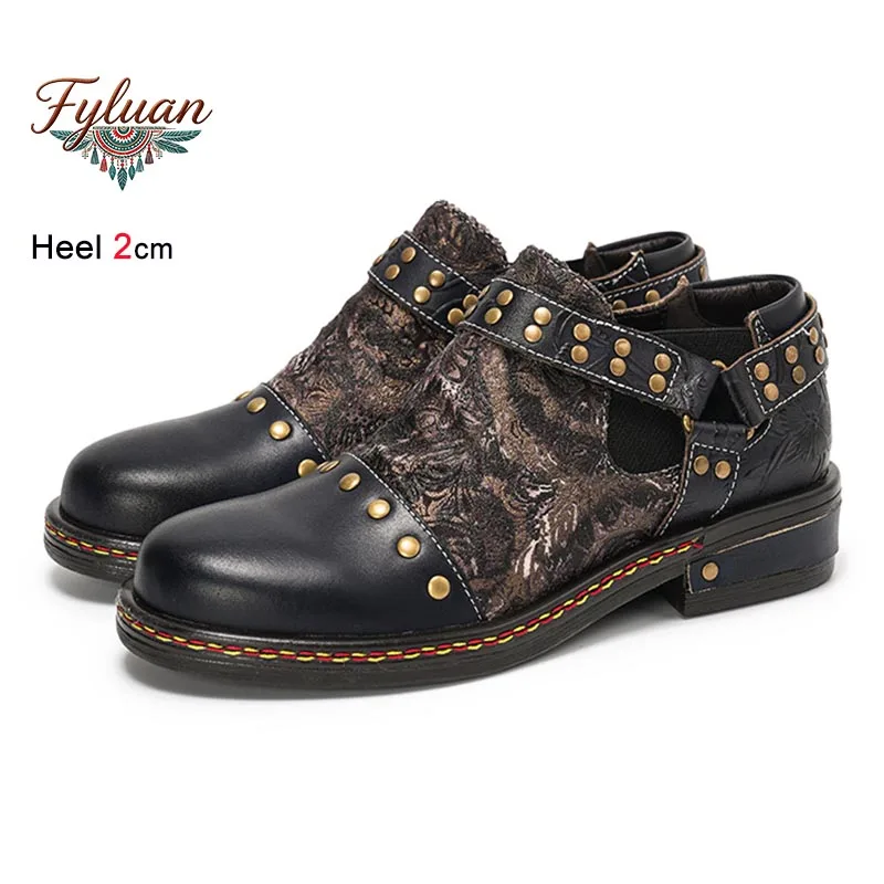 

Chic Belt Buckle Rivet Single Shoes 2CM Casual Shoes For Woman retro Print genuine leather High Heel Pumps Zapatos Para Mujeres