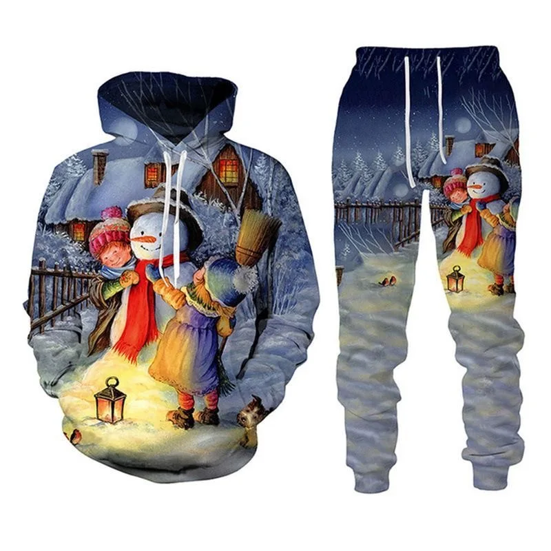 2024 The New Hot Male 3D Printed Santa Claus Series Printed Casual Hoodie Set Children's Sports Pullover Men and Women The Same