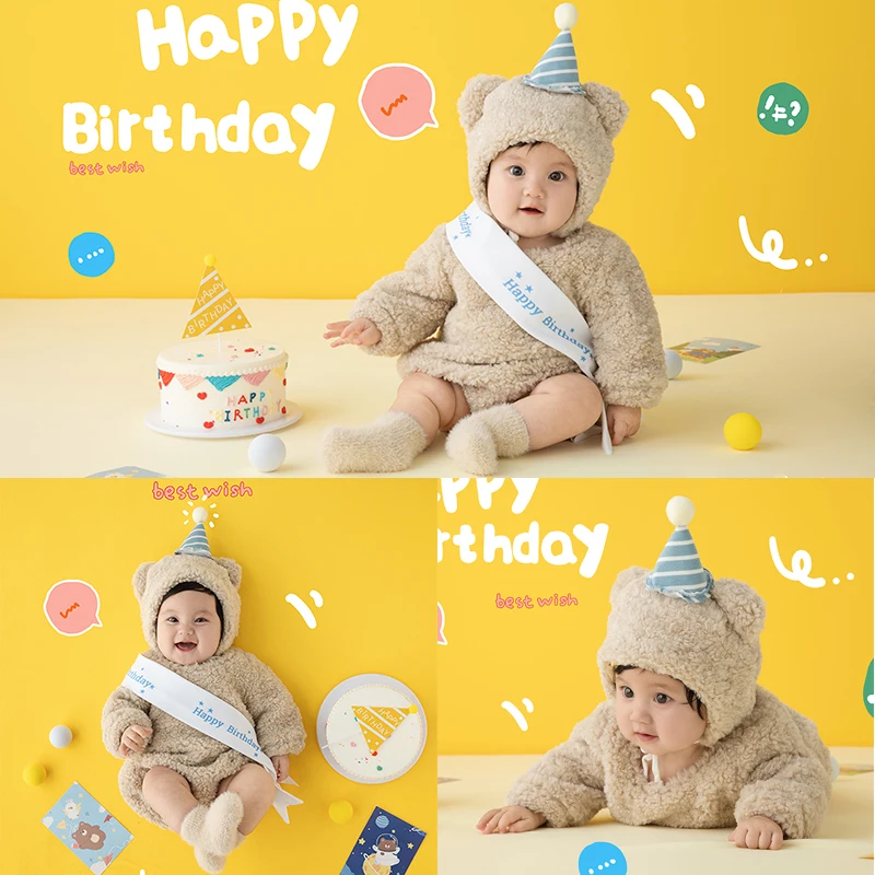 Baby Photography Clothes Plush Bear Hat Jumpsuit Set 3-5 Month Baby Outfit Birthday Cake Theme Photo Props Studio Accessories