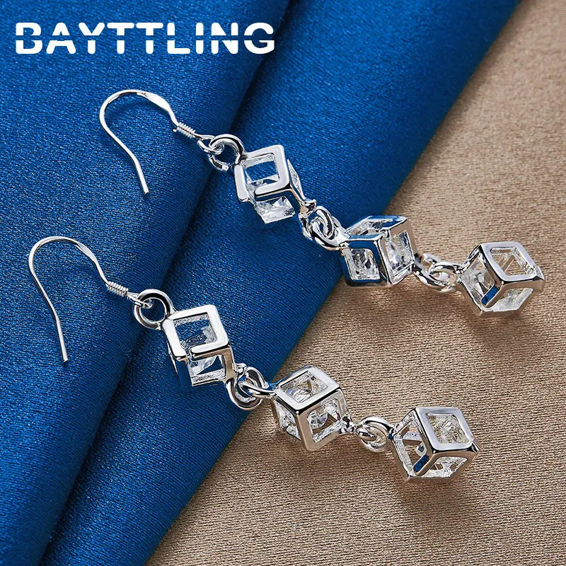 

Charm 925 Sterling Silver 40MM Long 3 Square Zircon Earrings For Women Fashion Party Wedding Girlfriend Gift Jewelry Accessories