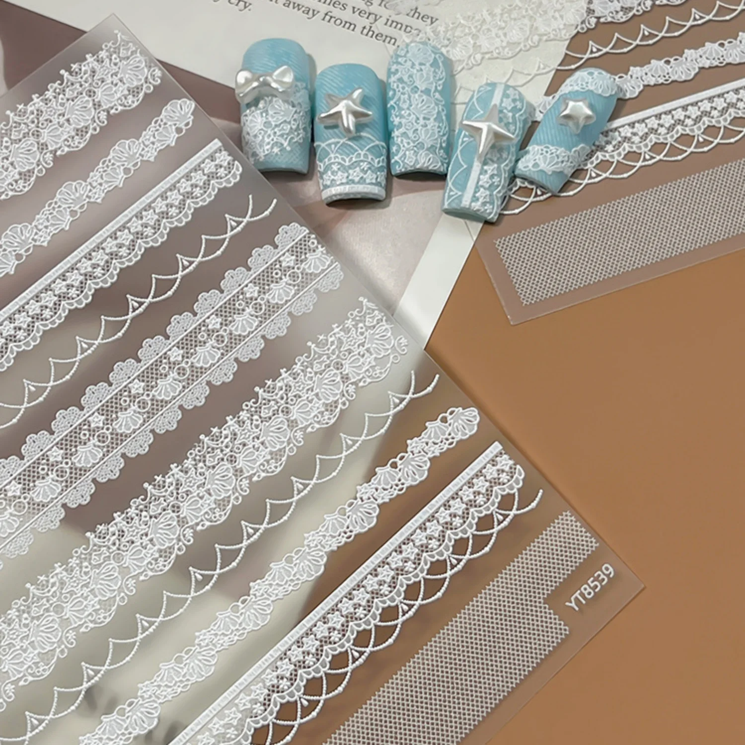 Vintage French White Lace Wave Mesh Lace Border Romantic 5D Embossed Nail Art Stickers Self Adhesive Nail Art Decals Decoration