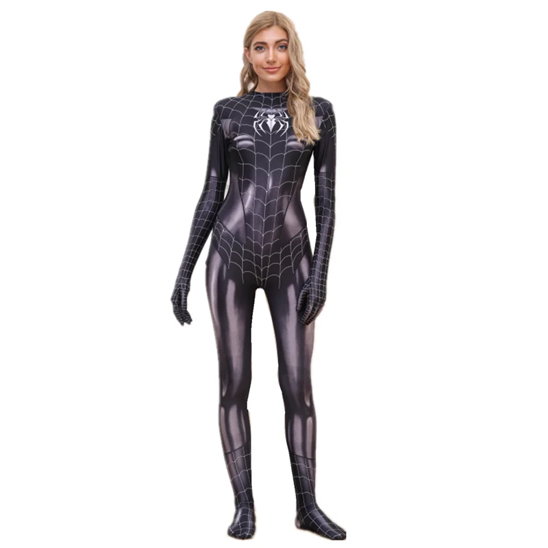 Movie Black Spider Character Costume Woman Movie Character Fans Sexy Jumpsuit with Mask for Halloween Cosplay Party with Cutout