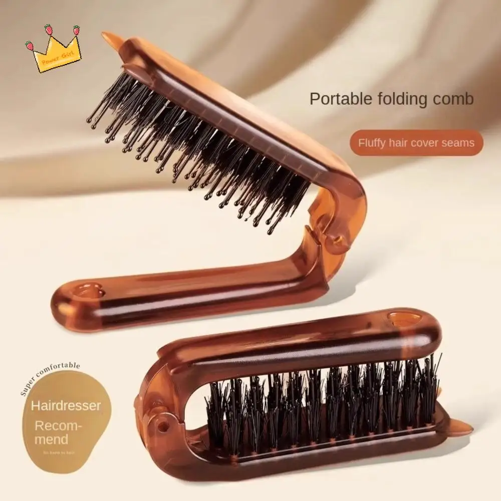 

Bristle Foldable Bristle Comb Wide Toothed Comb Cartoon Cat's Ears Shape Pocket Massage Comb Fluffy Brown Portable Hair Brush