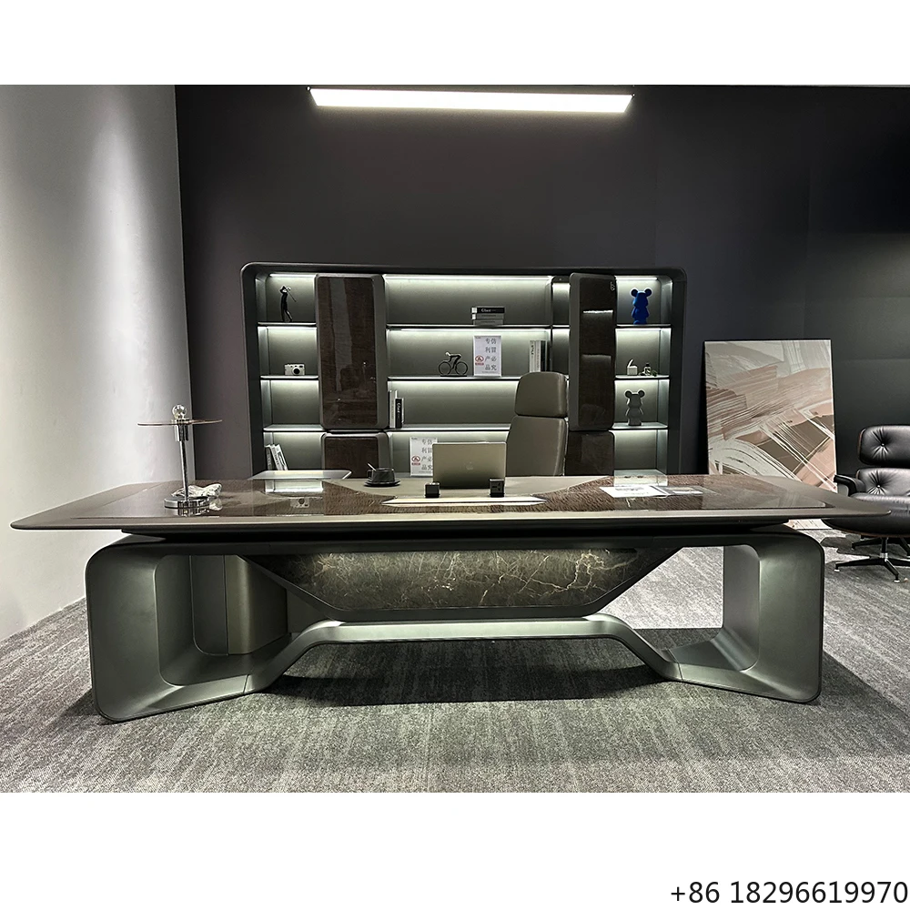 Modern L Shaped Executive Office Desk Glossy Wood LED for CEO Boss Home Office Study