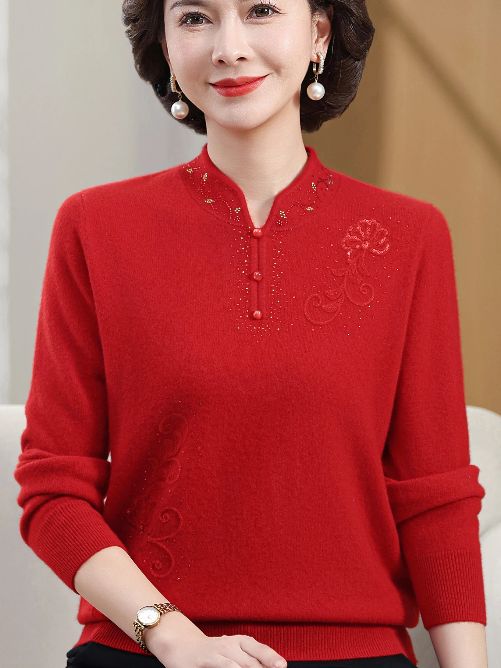 

Красный вышитый шерстяной вязаный свитер с воротником-стойкой, базовый топ для женщин среднего возраста и ли, модная одежда для мам