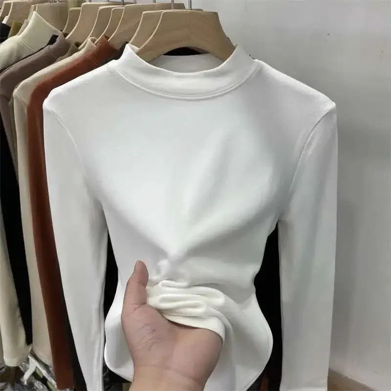 Camiseta de manga larga para mujer, ropa interior térmica ajustada, nuevo estilo, Top pequeño con cuello redondo, ropa térmica para mujer, Otoño e Invierno