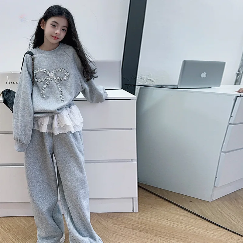 

Весенний спортивный комплект для девочек: толстовка с бантом и повседневные брюки с кружевной отделкой, комплект из 2 предметов для возраста 4-13 лет