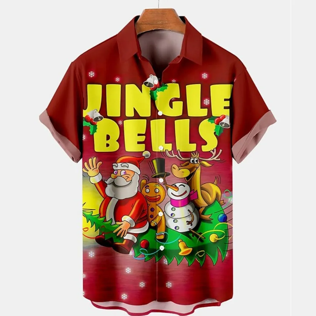 

Santa Claus Elk Gingerbread 3D Printed Men's Shirt Fashion Casual Men's Open Front Short Sleeve Collar Top Red Christmas Shirts