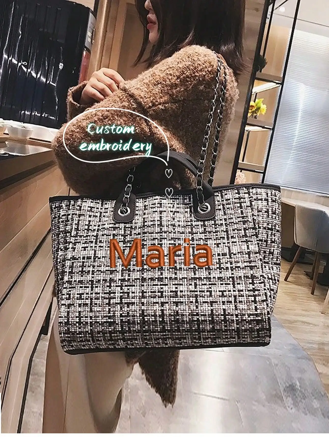 カスタム刺繍入りバケットトートバッグ-レディース-大きめキャンバスハンドバッグ-ショルダー-クロスボディ-多目的チェーンバッグ-カスタムジッパーバッグ