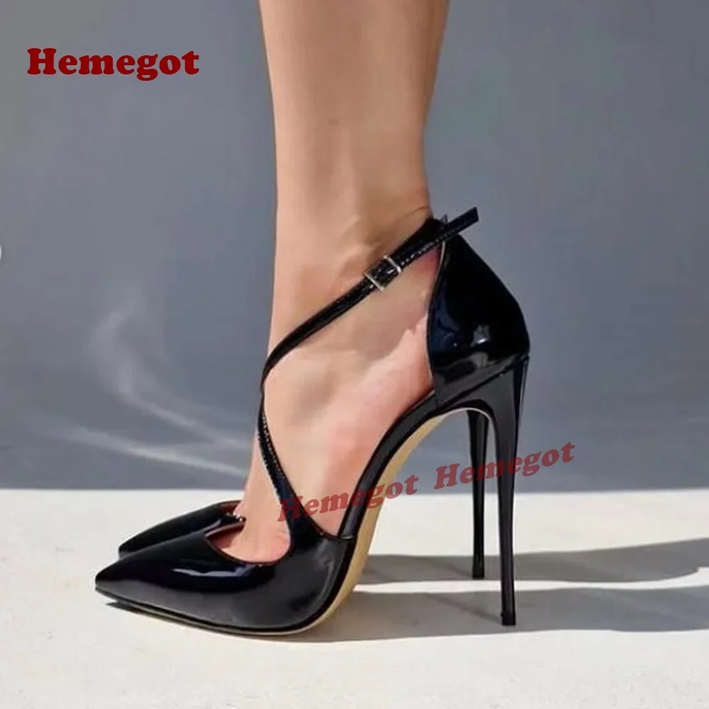 

Black Cross Buckled Sandals Patent Leather Glossy Women's Pumps Pointy Toe Stiletto Heels Sexy Elegant Party Shoes Luxury