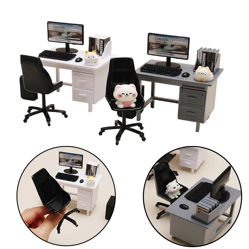 1Set 1/12 Scale Dollhouse Miniature Furniture Kit With Computer Keyboard Desk Chair Miniature Scene Model Home Study Room Decor