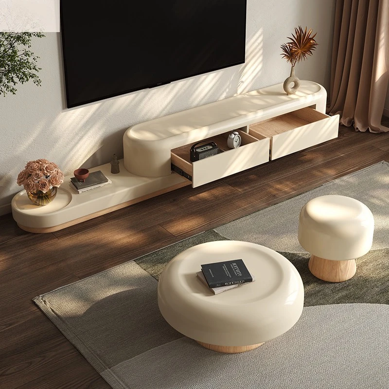 

Household small apartment new telescopic TV cabinet modern simple cream wind floor coffee table TV cabinet solid wood living roo