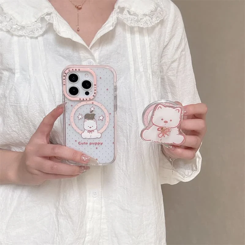 

Kawaii Cute Puppy Magnetic Pop Stand Clear Phone Case For iPhone 14 15 16 17 Pro Max INS Pink Star Shockproof Cover