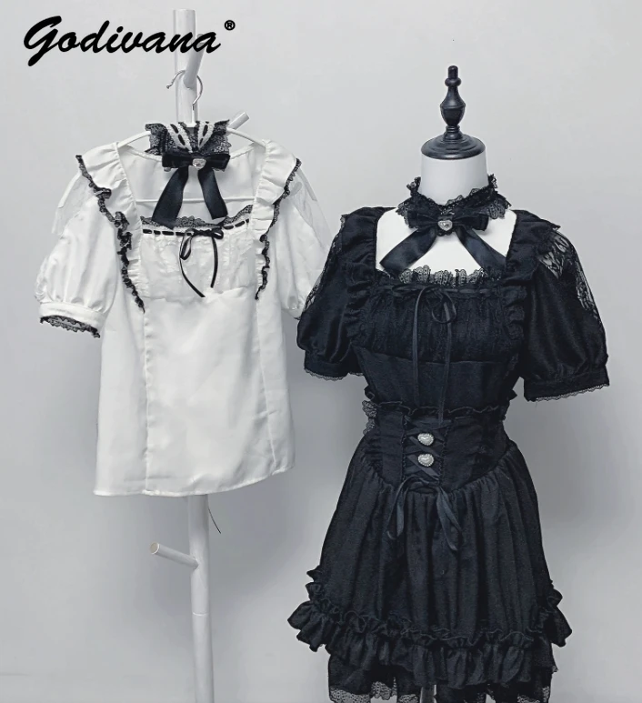

Original Mass-produce Mine Series Girl Women's Lace Bow Choker Short Sleeve Lolita Shirt and Skirt New Summer Skirt Suits