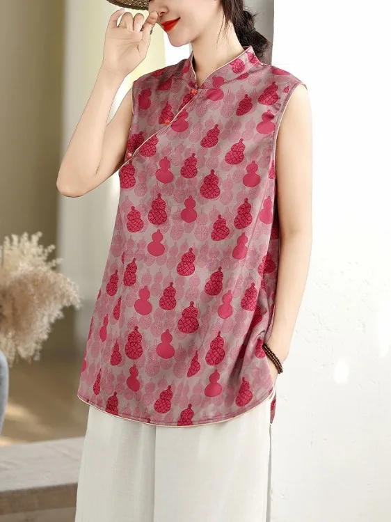 

New Chinese Sle Gourd Print Svel Hooded irt Large Size Women's Slanted S Pearl Button Stand Collar Improved Cheo...