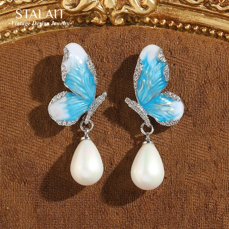 

Vintage Gradient Blue Butterfly Earrings Pearl Pendant Gold Color Woman Trend 2025 Valentine Day Gift Luxury Quality Jewelry