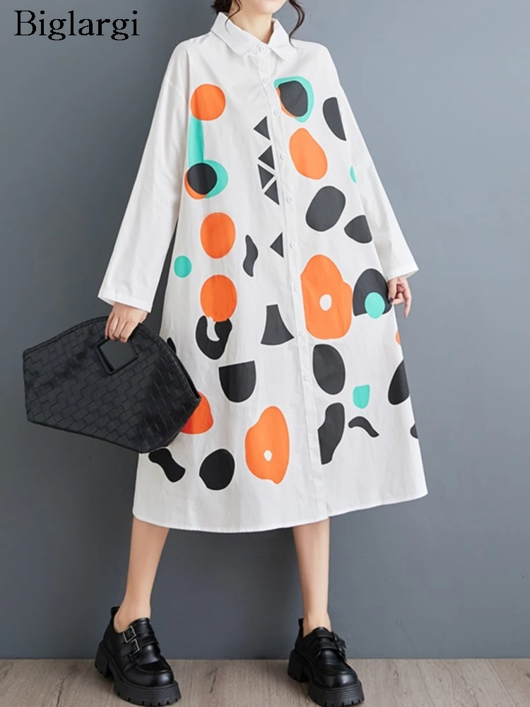 Oversized Autumn Dress Women Polka Dot Print Fashion Long Sleeve Ladies Dresses Casual Loose Pleated A-Line Woman Shirt Dress