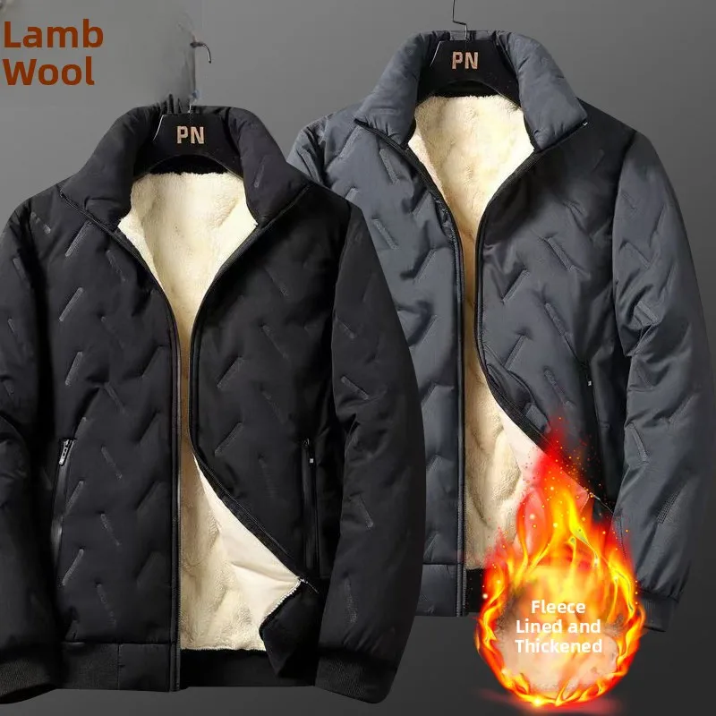 Men's down Cotton Jacket Thickened Lamb Velvet Filling Windproof Waterproof Warm Large Size Stand Collar Cotton Coat