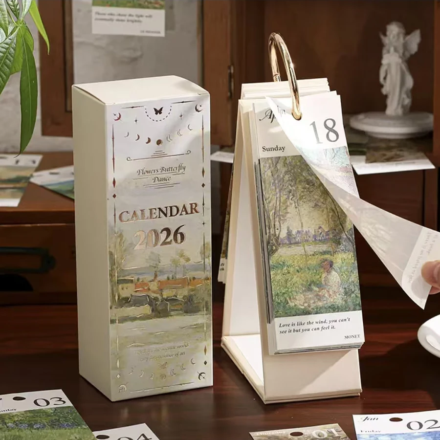 

2026 Desk Calendar with Golden Ring Binding - Vintage Daily Planner with 365 Days Inspirational Quotes & One-Way Page Turn,