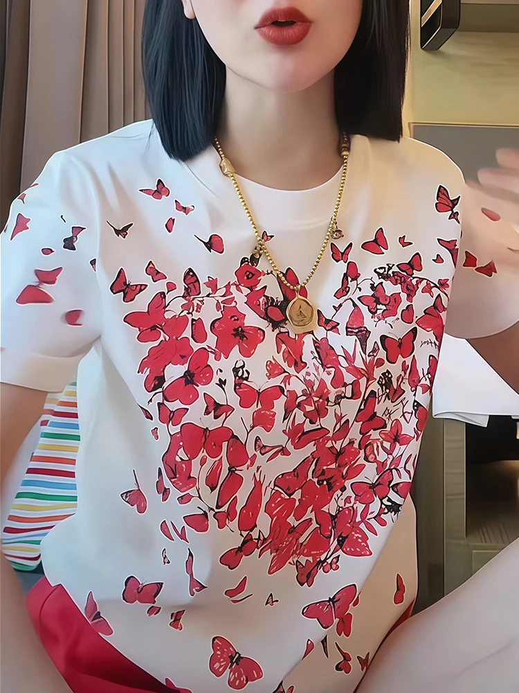 2025年女性向け新作春夏アメリカンスタイル蝶プリント半袖Tシャツゆったりレトロ万能高級トップス