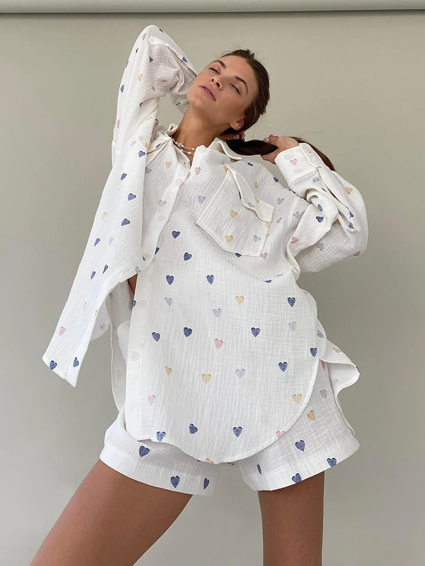 Marthaqiqi Fashion Women Nightwear Suit Long Sleeve Nightgown Turn-Down Collar Sleepwear Shorts Causal Printing Femme Pajama Set