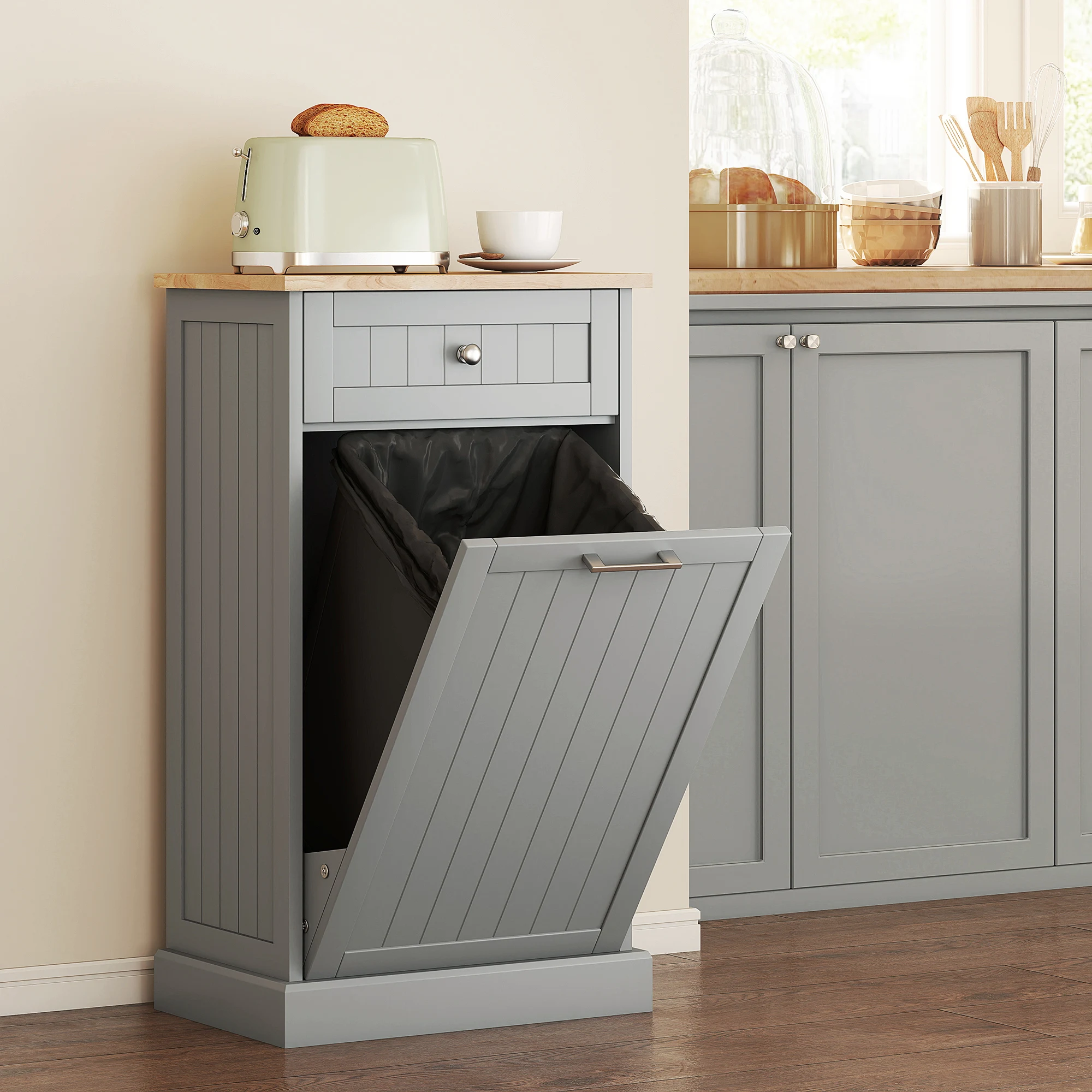 HOMCOM 10 Gallon Tilt Out Trash Cabinet, Wooden Hidden Trash Can with Storage Drawer for Kitchen, Laundry Hamper Cabinet for Bathroom, Gray
