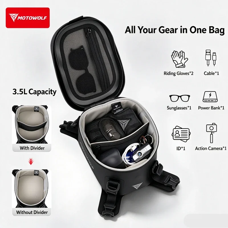 MOTOWOLF 3.5L Waterproof Motorcycle Tank Bag Touch‑Screen NavigationPouchQuickReleaseMultifunctionalUniversalRiderHandStorageBag