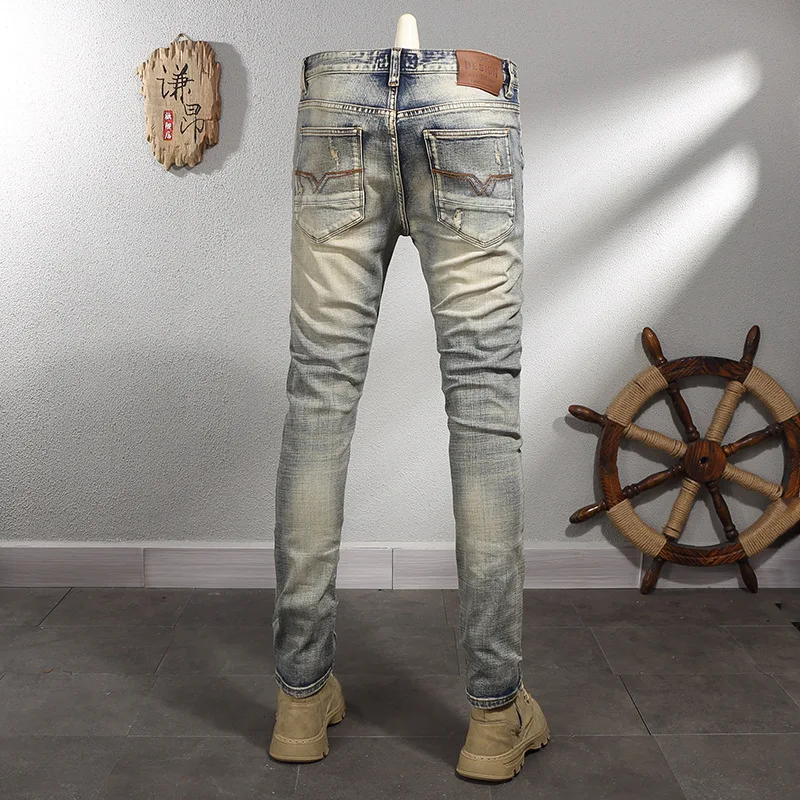 Retro Worn Looking Washed-out Brushed White Hole & Patch Stretch Slim Jeans Men's Trendy High Street Motorcycle Men's Clothing