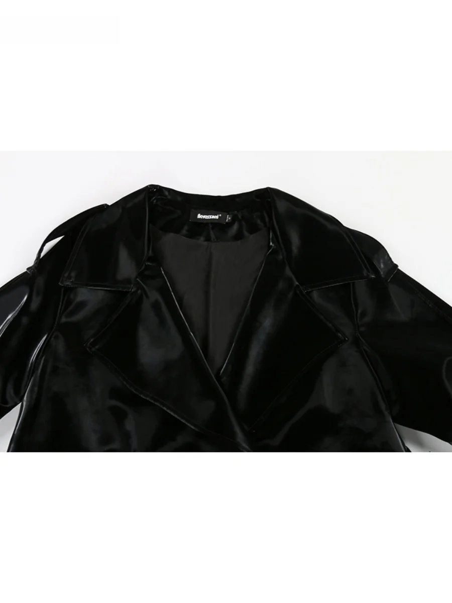 ネラッズーリ ルーズロング PU レザー ジャケット レディース ファッション ストリート スタイル ハイグロス ブラック ペイント レザー コート アウター