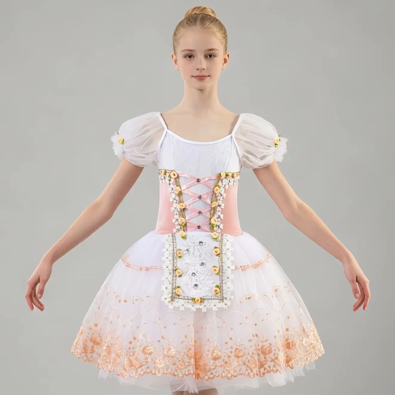 Girls  Pink Romantic Ballet Tutu Dress Puff Sleeve Corset Floral Lace Tulle Skirt Kids Stage Performance Costume Ballerina Dance