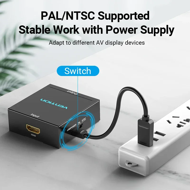 محول Vention HDMI إلى AV إلى محول فيديو RCA CVBS L/R 1080P HDMI مع كابل طاقة USB صغير لصندوق التلفزيون AV HDMI
