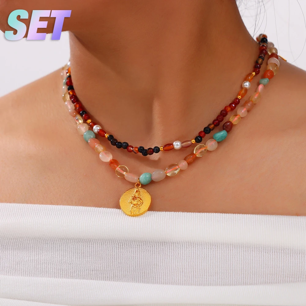 Necklace Set For Fashion Women Stainless Steel Colorful Nature Stone Chain Beaded Luxury Jewelry Party Wedding Gift