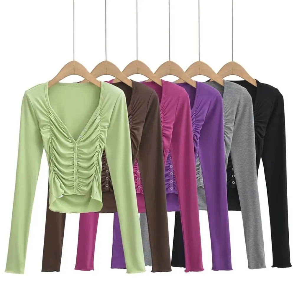 

YPFF Women's Slim-fit Pleated Base Shirt Deep V-neck Long-Sleeve T-shirt Fashionable Top for Curvy Girls