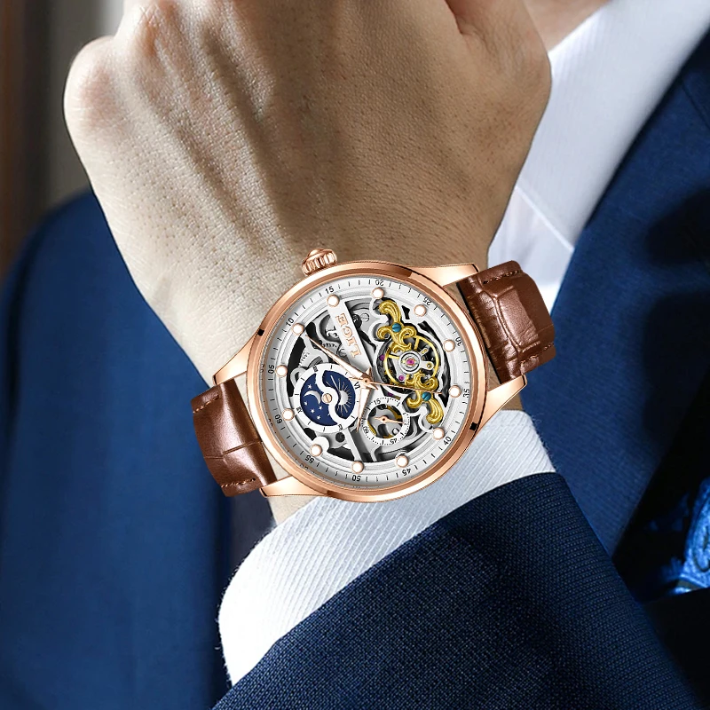 Men's Simple Dial Mechanical Watch with Leather Strap