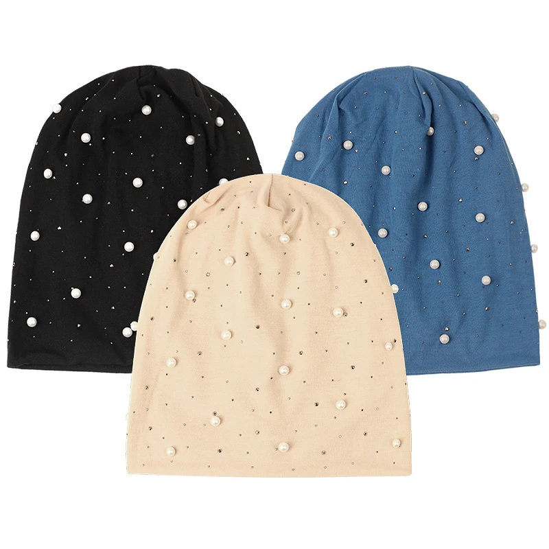 Women Rhinestone Pearl Beanie Hat Headgear Solid Color Autumn Hats Female Bonnet Fashion Knitted Autumn Casual Outdoor Beanie