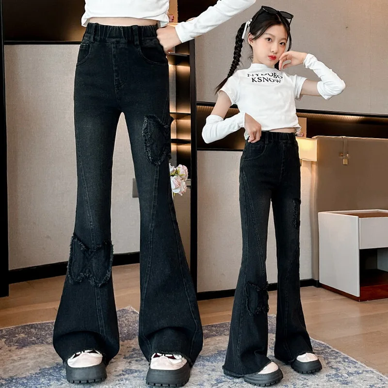 Teen Girls Jeans Spring Autumn Butterfly Design Flare Pants Children Vintage High Waist splicing Horseshoe Trousers Kids 5- 14Y