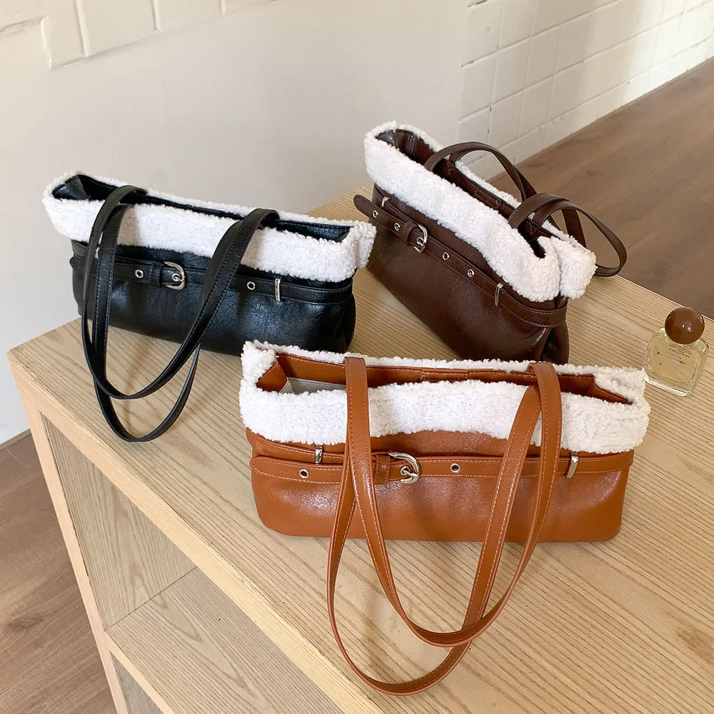 

New Autumn/Winter Plush Splicing Design Underarm Bag Belt Style Handheld Shoulder Bag for Women