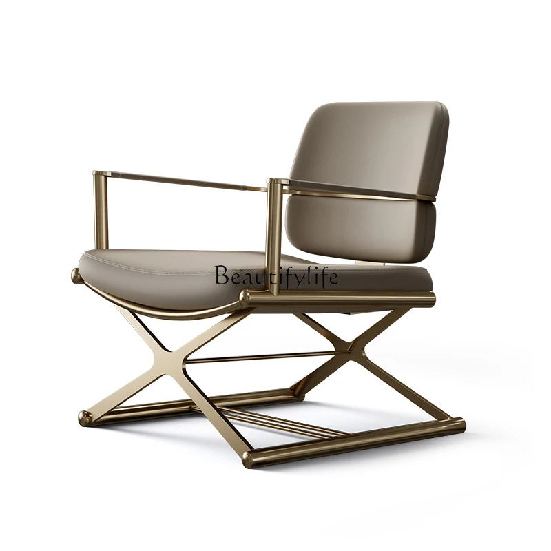 

4*Light luxury leisure chair stainless steel high backrest villa study leather sofa chair