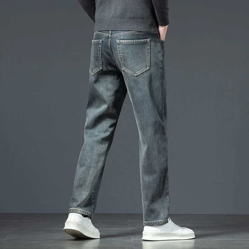 2025 겨울 신상 남성용 청바지 플리스 따뜻한 스트레이트 플러시 팬츠 두꺼운 보온 스트레치 레트로 워싱 데님 팬츠 브랜드 의류